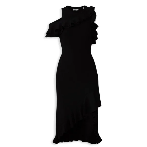 ALC Kellam Black Ribbed Cold Shoulder Ruffle Trim Stretch Knit Midi Dress Large - Picture 5 of 16